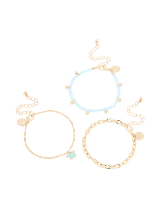 Gold Blue Beaded & Butterfly Charm Bracelets 3-Pack sold by lovisa