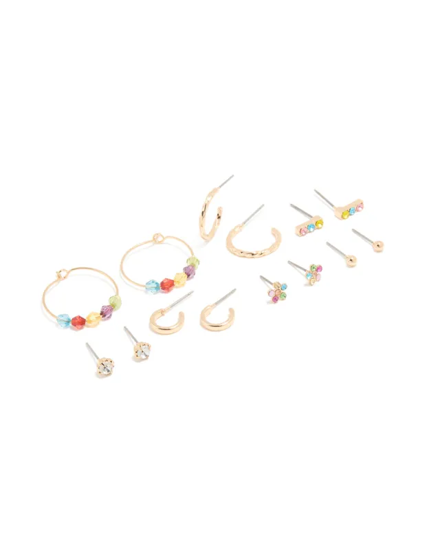 Gold Multicoloured Diamante Stud & Hoop Earrings 7-Pack sold by lovisa