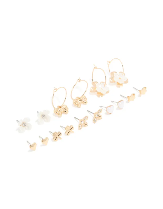 Gold White Pearlised Flower & Bee Earrings 8-Pack sold by lovisa