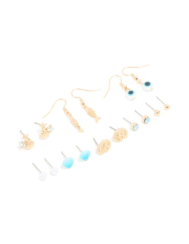 Gold Evil Eye & Sea Themed Earrings 8-Pack sold by lovisa