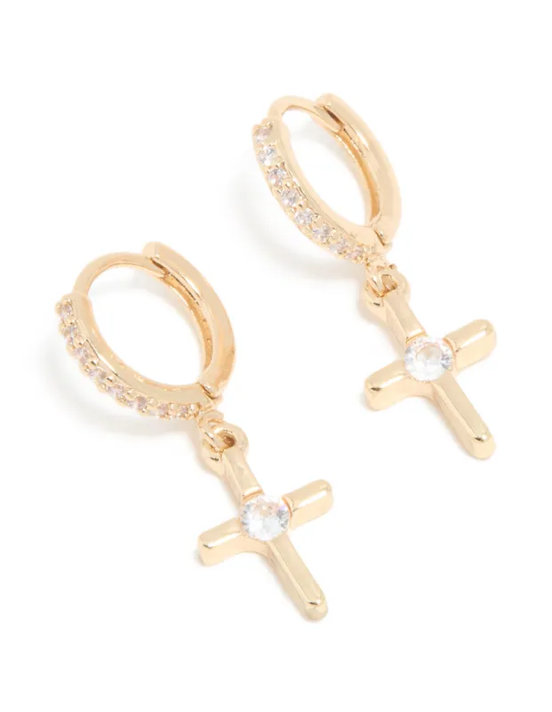 Gold Cubic Zirconia Cross Drop Huggie Earrings sold by lovisa