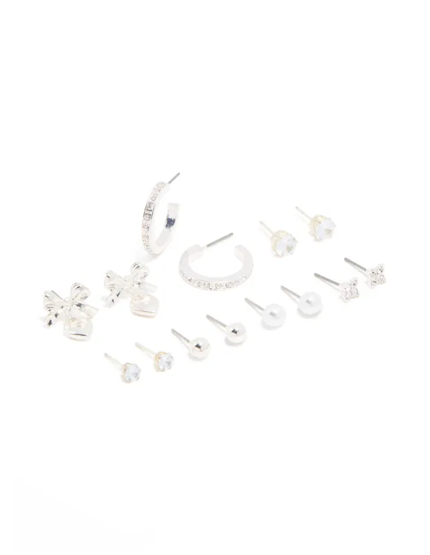 Silver Diamante & Bow Heart Earrings 7-Pack sold by lovisa