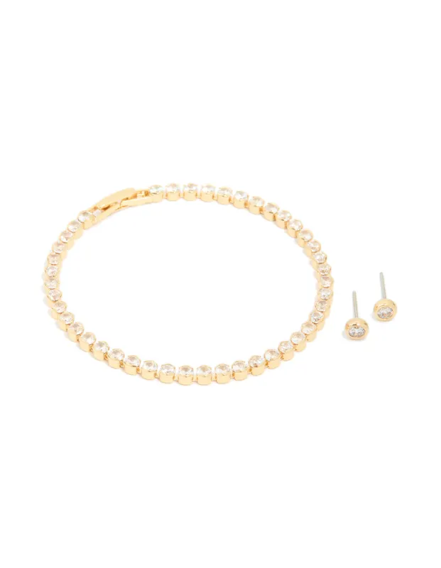 Gold Plated Cubic Zirconia Tennis Bracelet & Earrings Set sold by lovisa