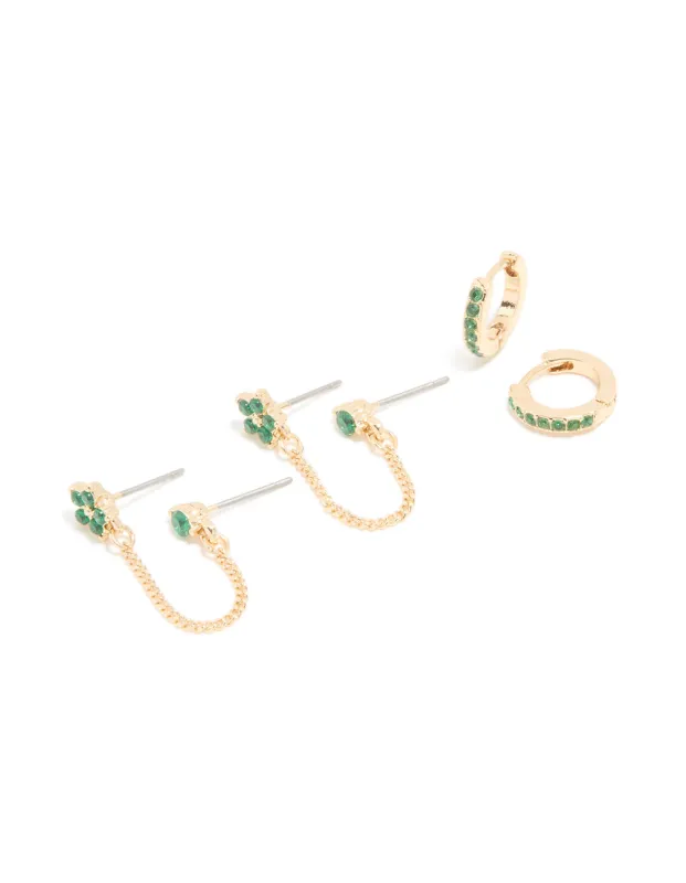 Gold Green Cubic Zirconia Floral Chain & Huggie Earrings 2-Pack sold by lovisa