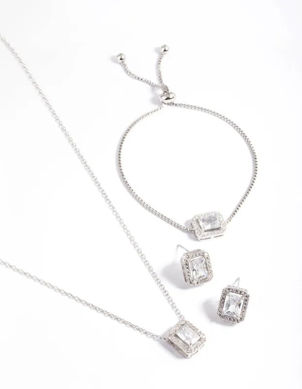 Silver Diamond Simulant Square Halo Jewellery Set sold by lovisa