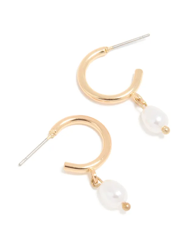 Gold Pearl Drop Huggie Earrings sold by lovisa