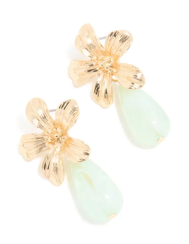 Gold Teal Stone Textured Flower Drop Earrings sold by lovisa