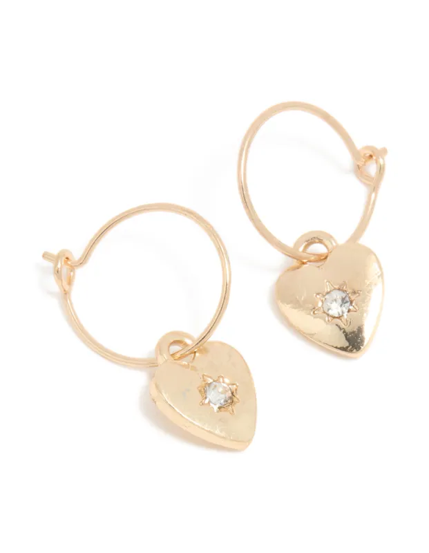 Gold Diamante Heart Huggie Drop Earrings sold by lovisa