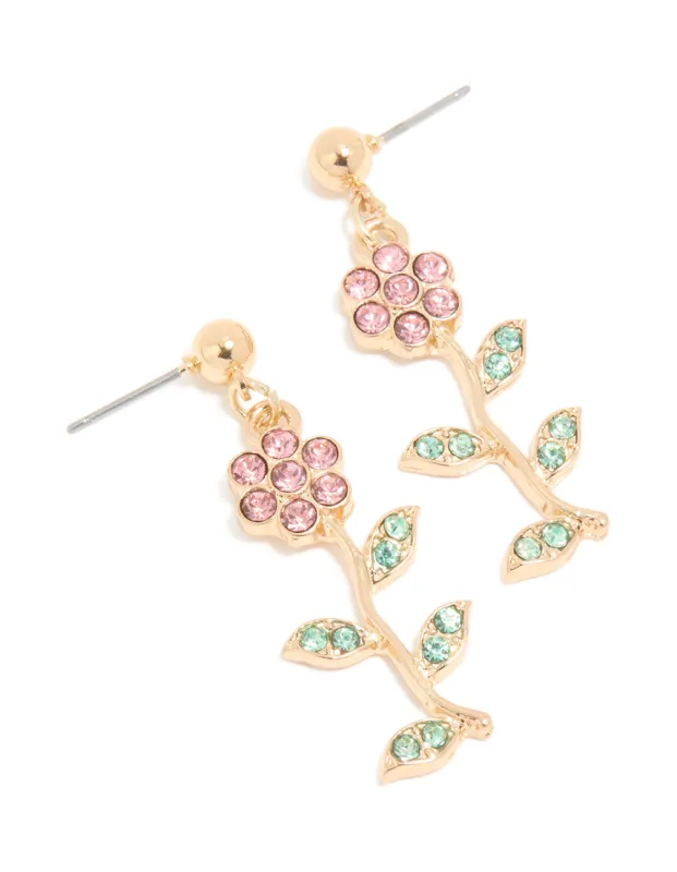 Gold Pink & Green Diamante Daisy Drop Earrings sold by lovisa