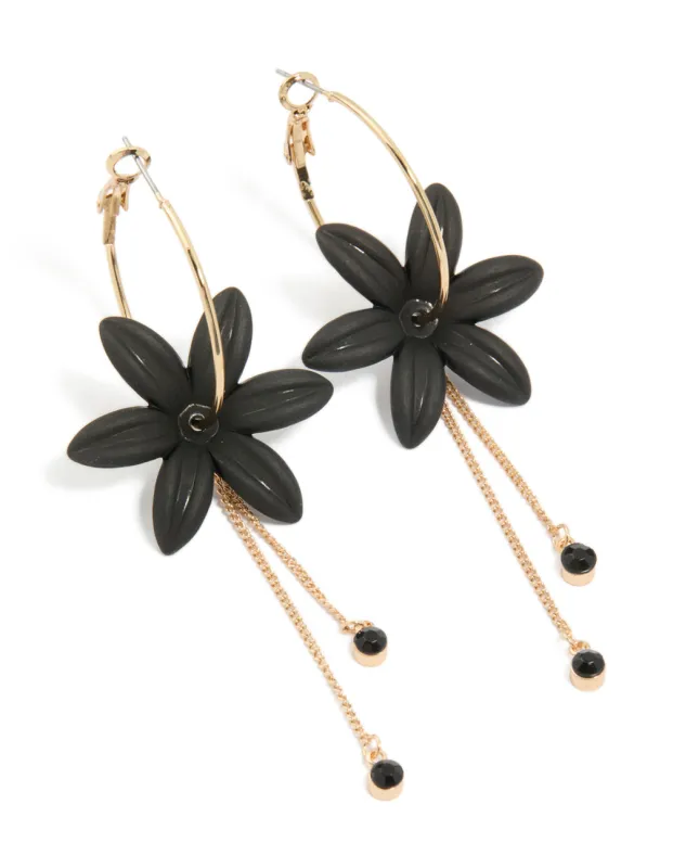 Gold Diamante Black Flower Chain Drop Earrings made by lovisa