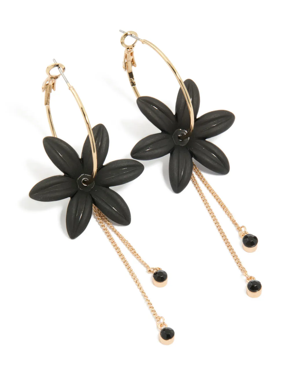 Gold Diamante Black Flower Chain Drop Earrings sold by lovisa