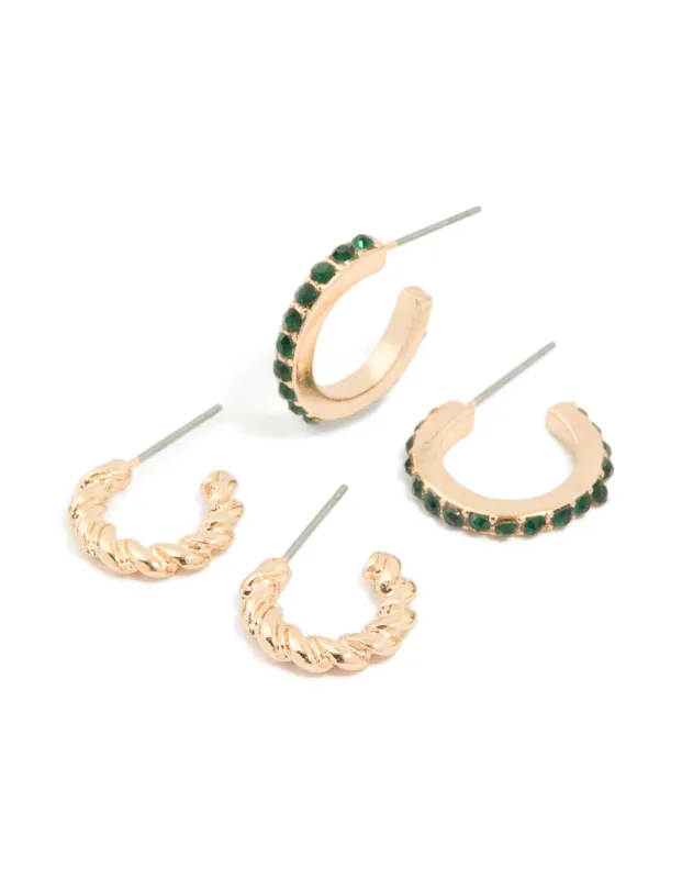 Gold Twisted & Green Diamante Hoop Earrings 2-Pack sold by lovisa