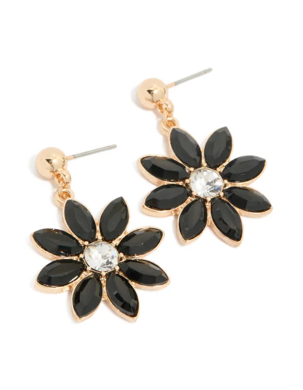 Gold Diamante Black Flower Drop Earrings sold by lovisa