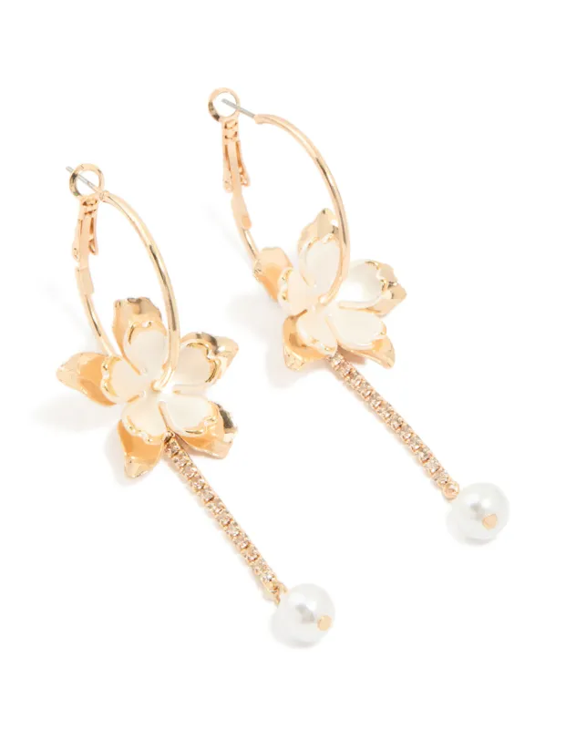 Gold Pearl Flower Diamante Cupchain Drop Earrings sold by lovisa