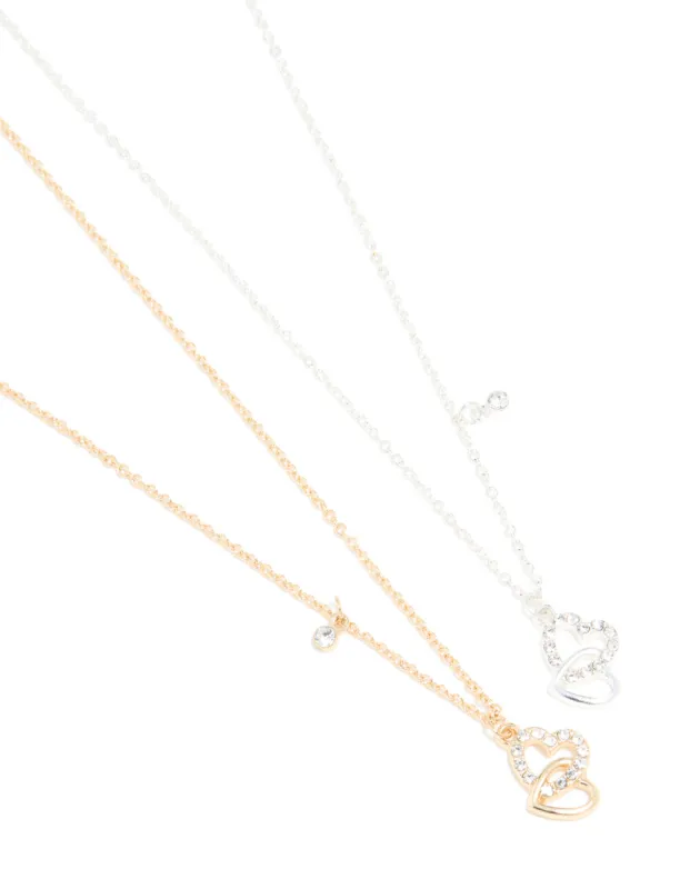 Mixed Metals Diamante Interlocking Heart Necklaces 2-Pack sold by lovisa