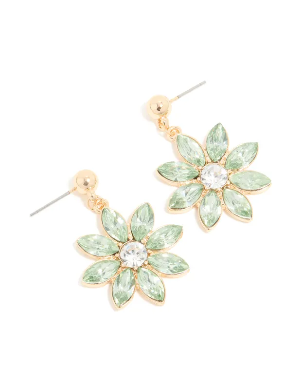 Gold Green Diamante Flower Drop Earrings sold by lovisa