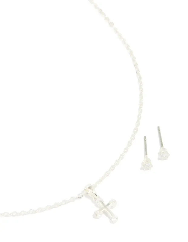 Silver Cubic Zirconia Cross Necklace & Classic Stud Earrings Set made by lovisa
