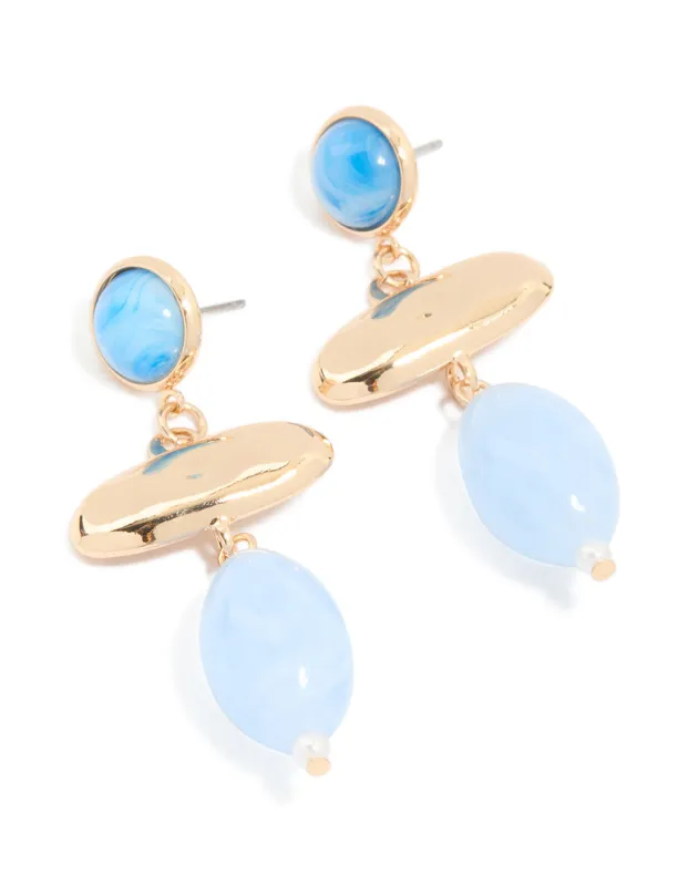 Gold Abstract Blue Stone Drop Earrings sold by lovisa