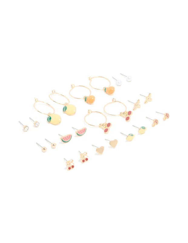 Gold Fruit Earrings 12-Pack sold by lovisa