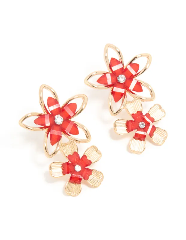 Gold Red & White Acrylic Flower Layered Earrings sold by lovisa