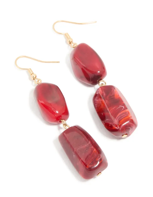 Gold Red Beaded Rectangular Drop Earrings made by lovisa