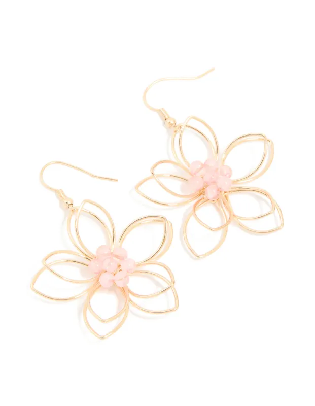 Gold Pink Beaded 3D Flower Drop Earrings sold by lovisa