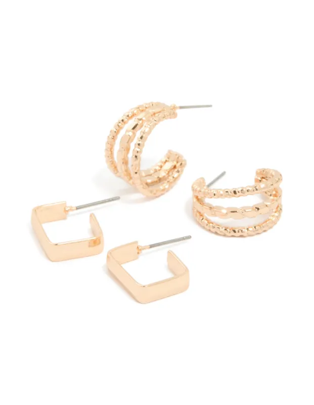 Gold Rectangle & Double Hoop Earrings 2-Pack sold by lovisa