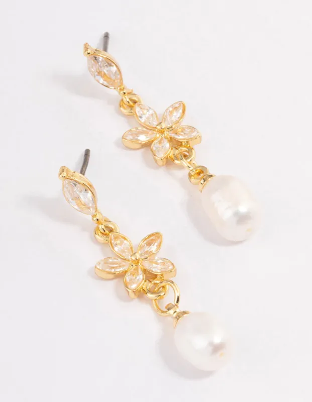 Gold Plated Cubic Zirconia Flower Freshwater Pearl Earrings sold by lovisa