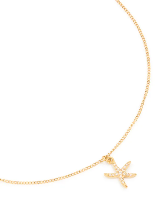 Waterproof Gold Plated Stainless Steel Cubic Zirconia Pavé Starfish Pendant Necklace sold by lovisa
