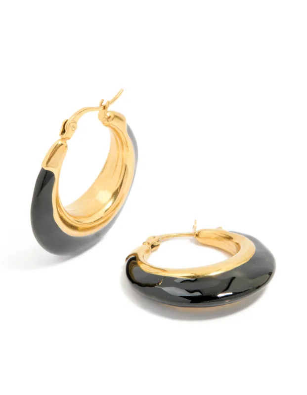 Waterproof Gold Plated Stainless Steel Black Enamel Short Hoop Earrings sold by lovisa