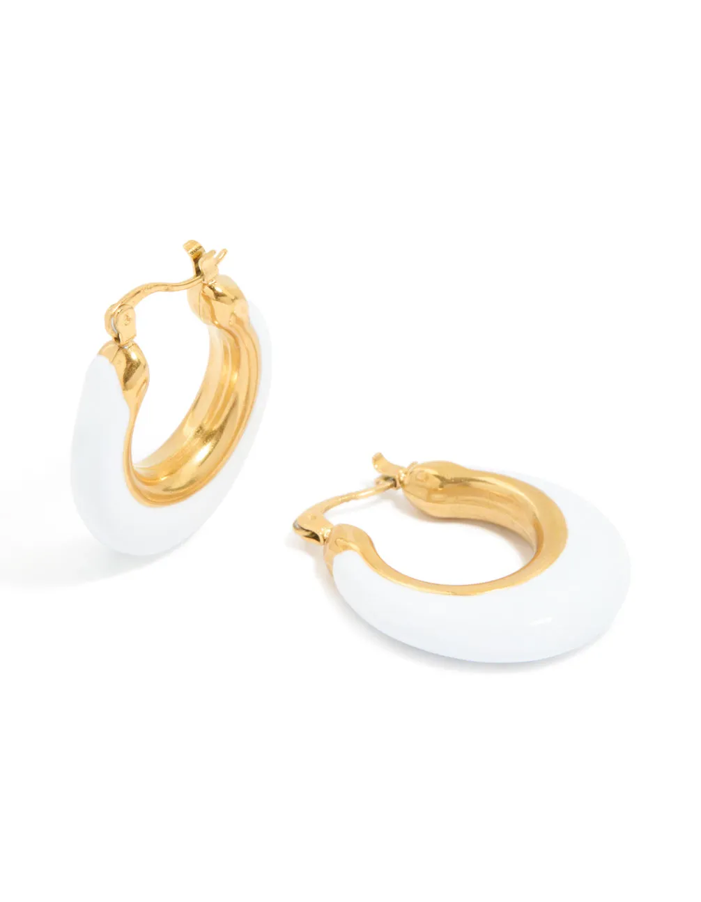 Waterproof Gold Plated Stainless Steel White Enamel Long Hoop Earrings sold by lovisa