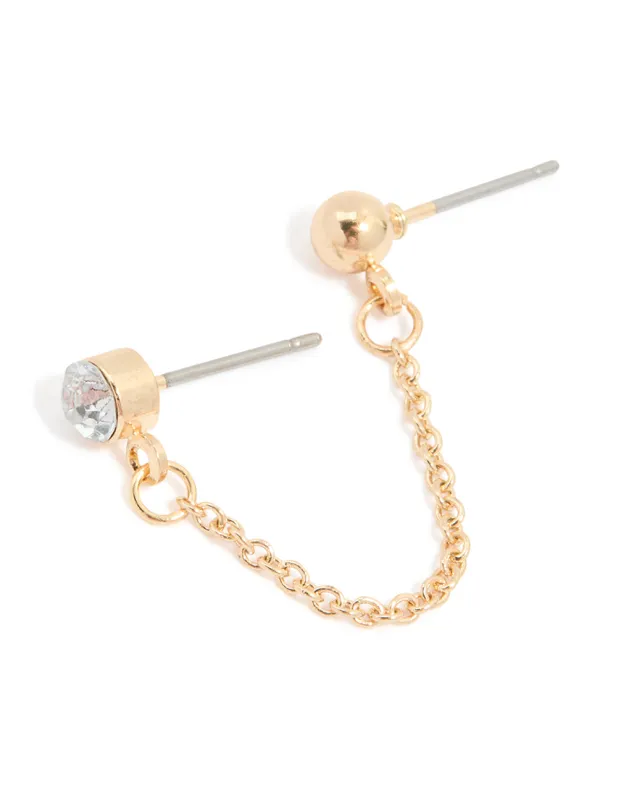 Gold Diamante Double Stud Chain Earring sold by lovisa