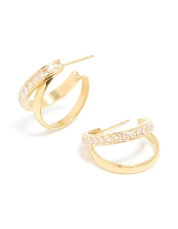 Waterproof Gold Plated Stainless Steel Cubic Zirconia Double Illusion Hoop Earrings made by lovisa
