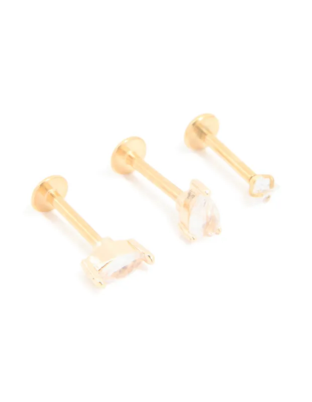 Gold Plated Surgical Steel Cubic Zirconia Leaf Flat Back Earrings 3-Pack sold by lovisa