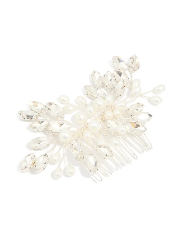 Silver Diamante Leaf Pearl Hair Comb made by lovisa