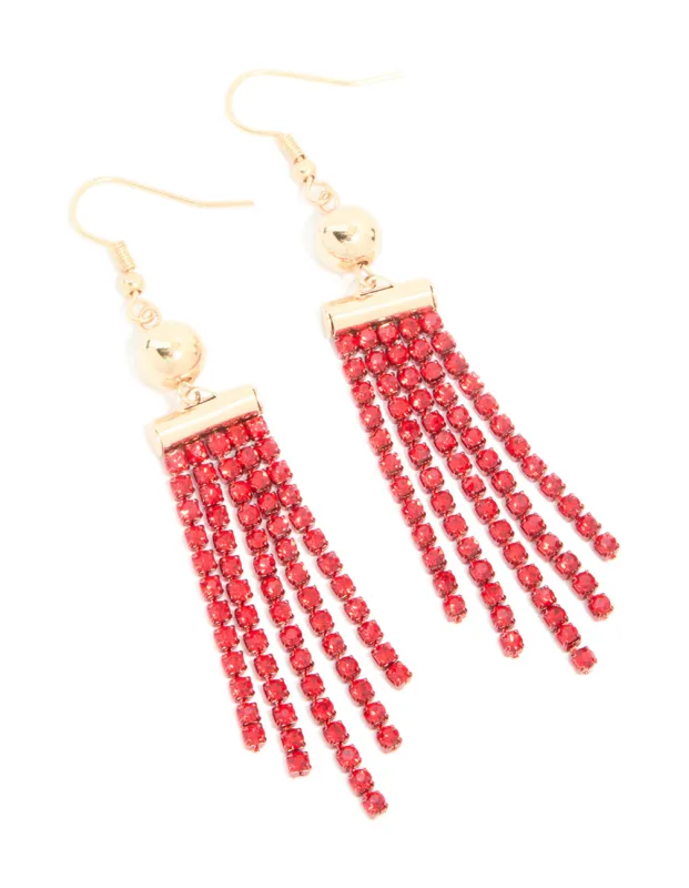 Gold Red Diamante Ball Cup Chain Drop Earrings made by lovisa