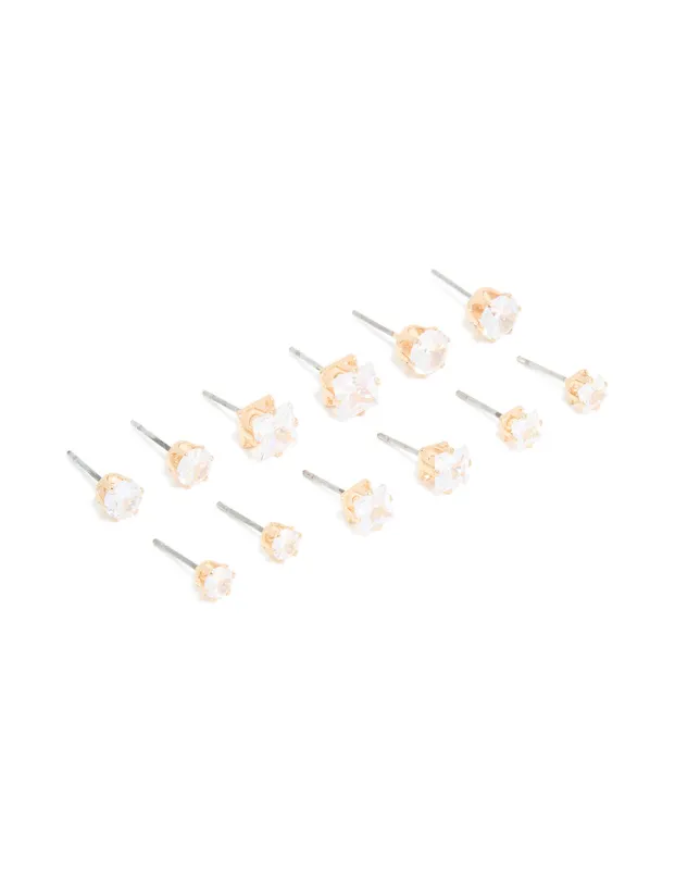 Gold Cubic Zirconia Multi-Sized Stud Earrings 6-Pack sold by lovisa