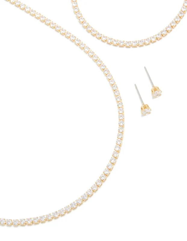 Gold Cubic Zirconia Tennis Necklace, Bracelet & Earrings Set made by lovisa
