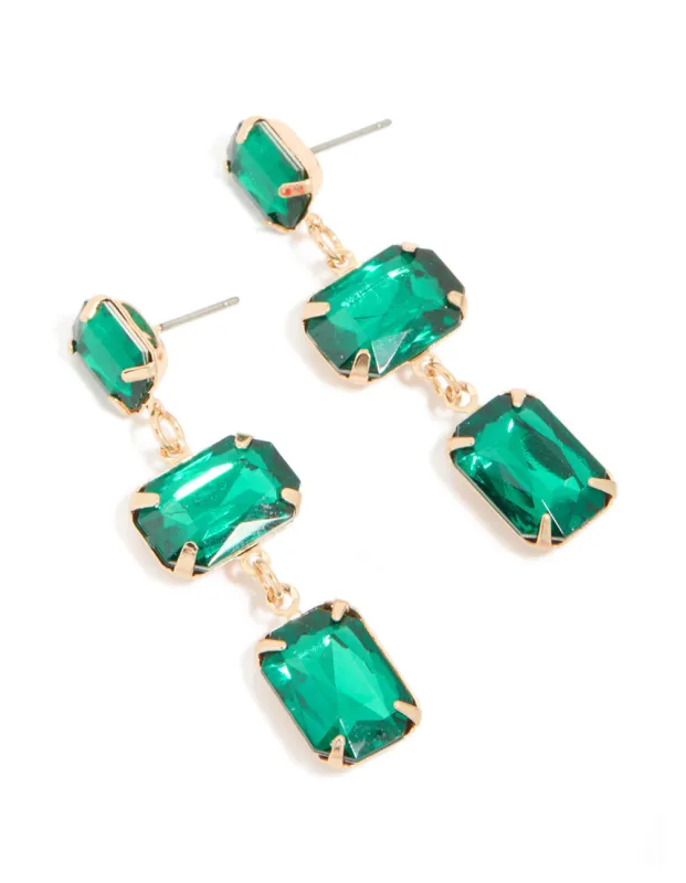 Gold Green Diamante Rectangles Drop Earrings sold by lovisa