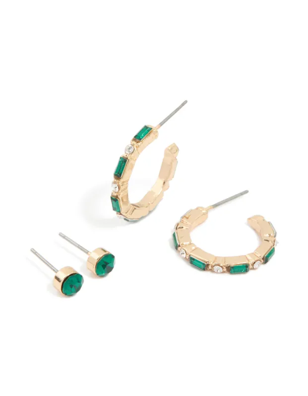 Gold Green Diamante Stud & Hoop Earrings 2-Pack sold by lovisa