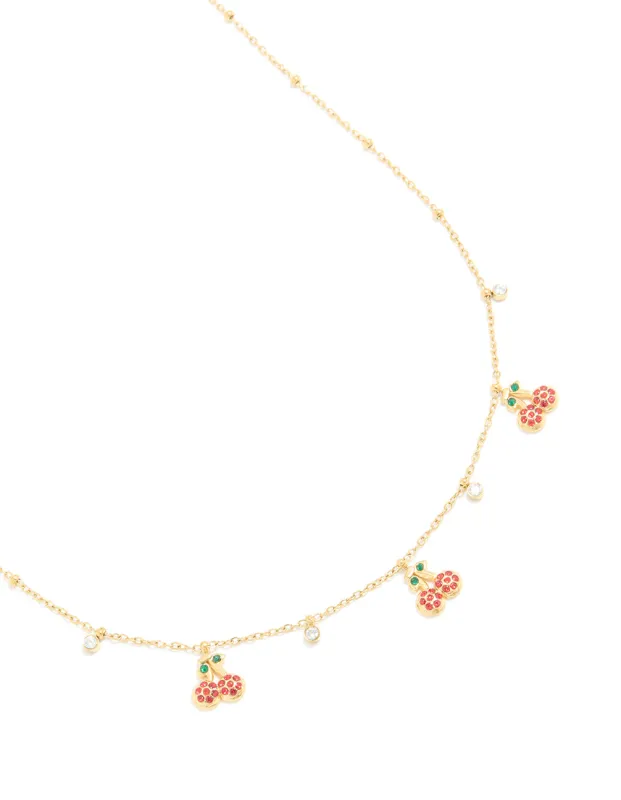 Waterproof Gold Plated Stainless Steel Diamante Circle & Cherry Charms Necklace made by lovisa