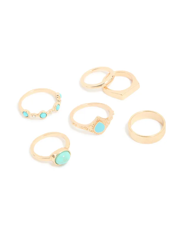 Gold Blue Stone & Band Rings 6-Pack sold by lovisa