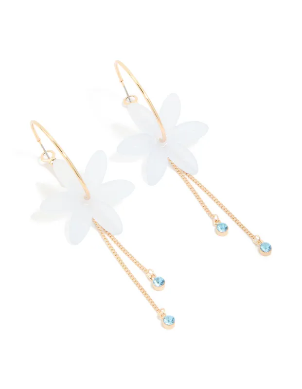 Gold Blue Diamante & White Floral Chain Drop Earrings made by lovisa