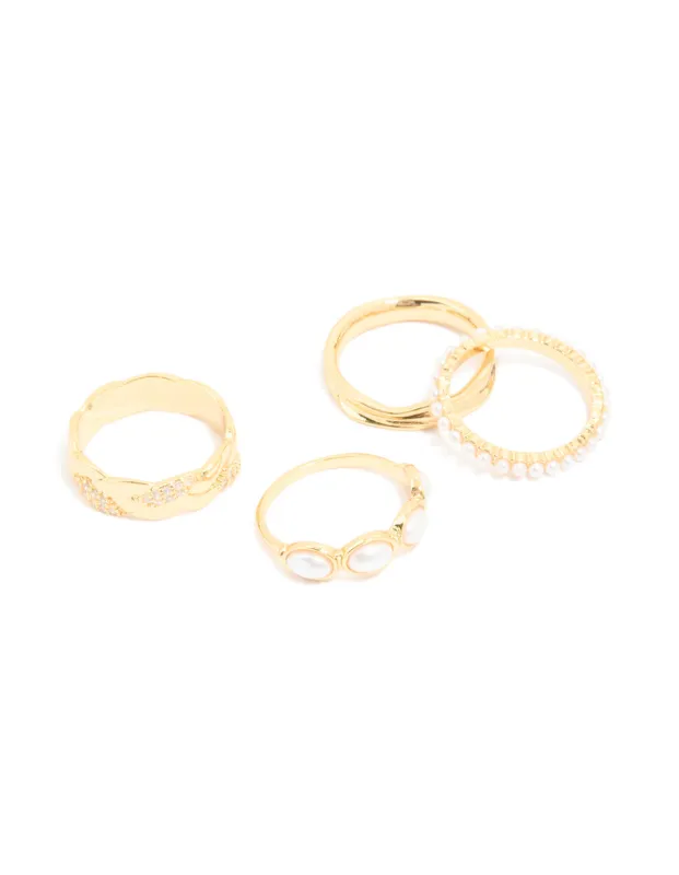 Gold Plated Diamante & Pearl Twisted Rings 4-Pack made by lovisa