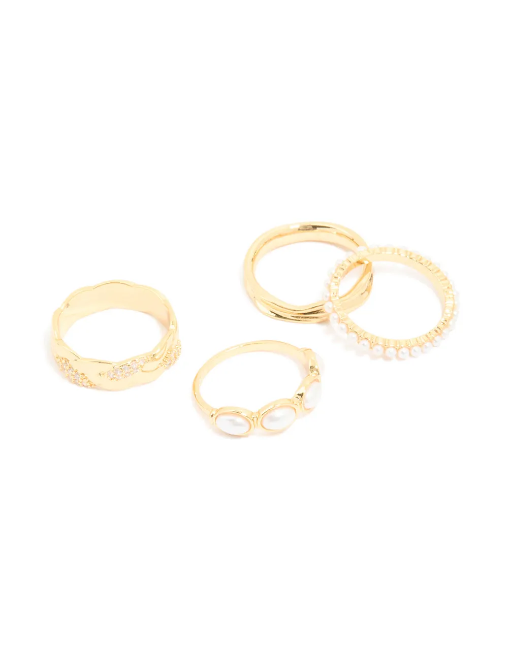 Gold Plated Diamante & Pearl Twisted Rings 4-Pack sold by lovisa