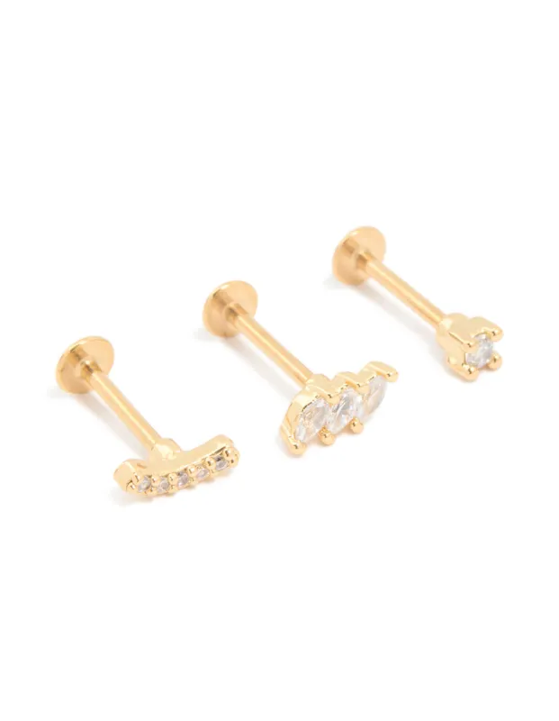 Gold Plated Surgical Steel Cubic Zirconia Crawler Flat Back Studs 3-Pack sold by lovisa