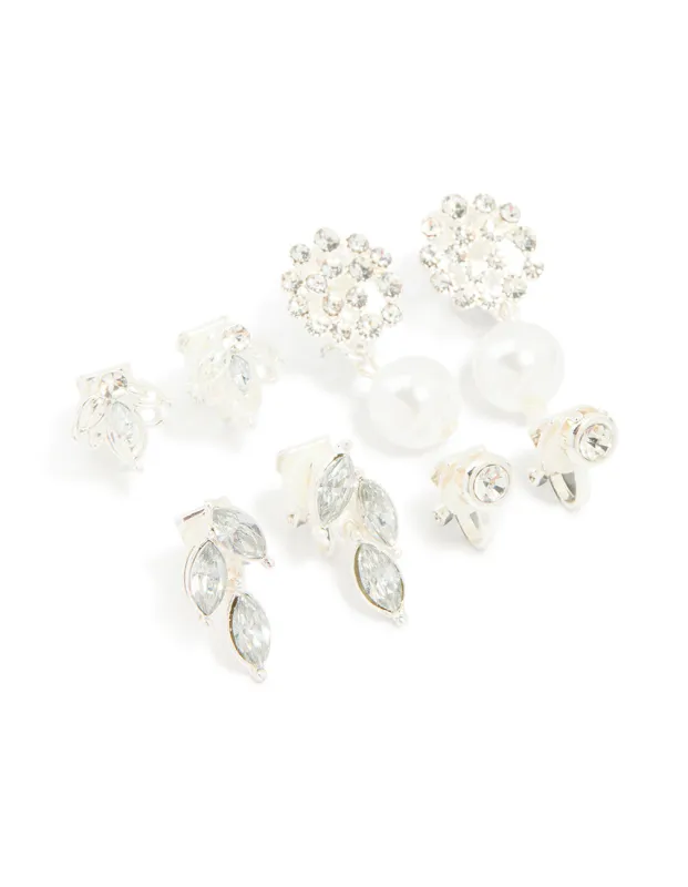 Silver Diamante & Pearl Clip On Earrings 4-Pack sold by lovisa