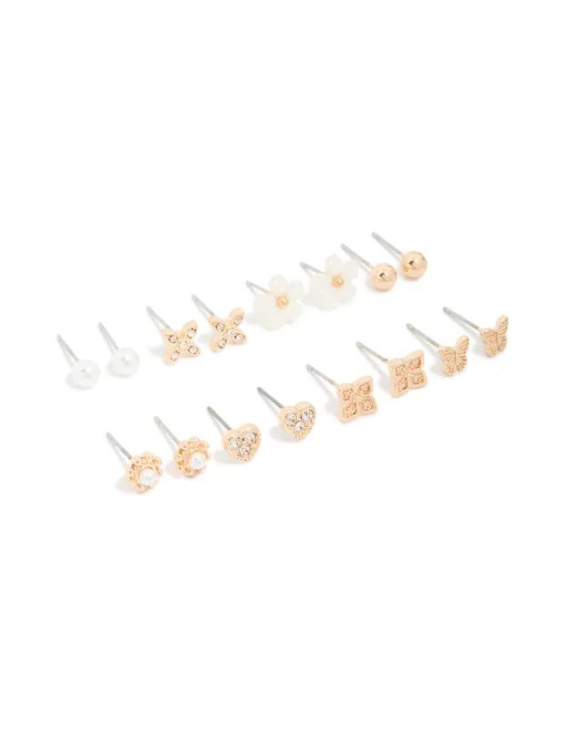 Gold Pearl Flower & Butterfly Earrings 8-Pack sold by lovisa