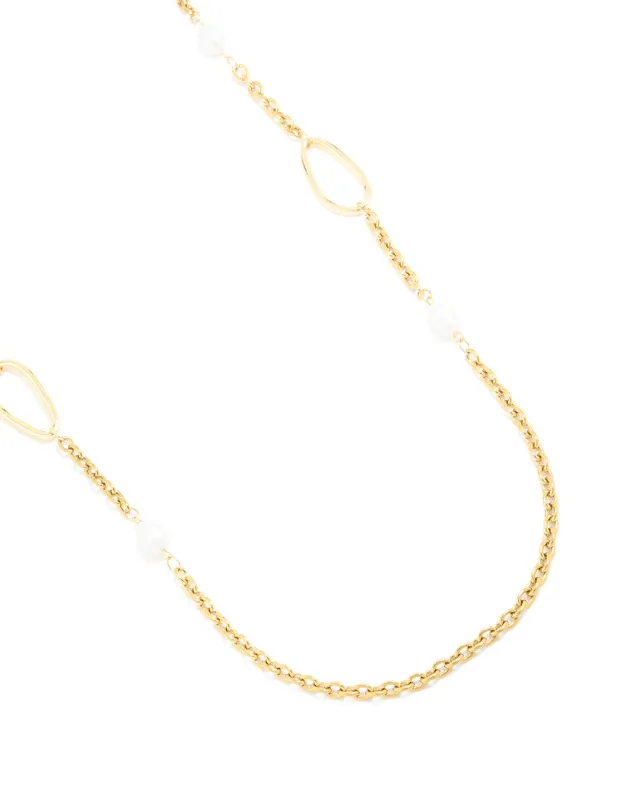 Waterproof Gold Plated Stainless Steel Freshwater Pearl & Open Circles Long Necklace sold by lovisa