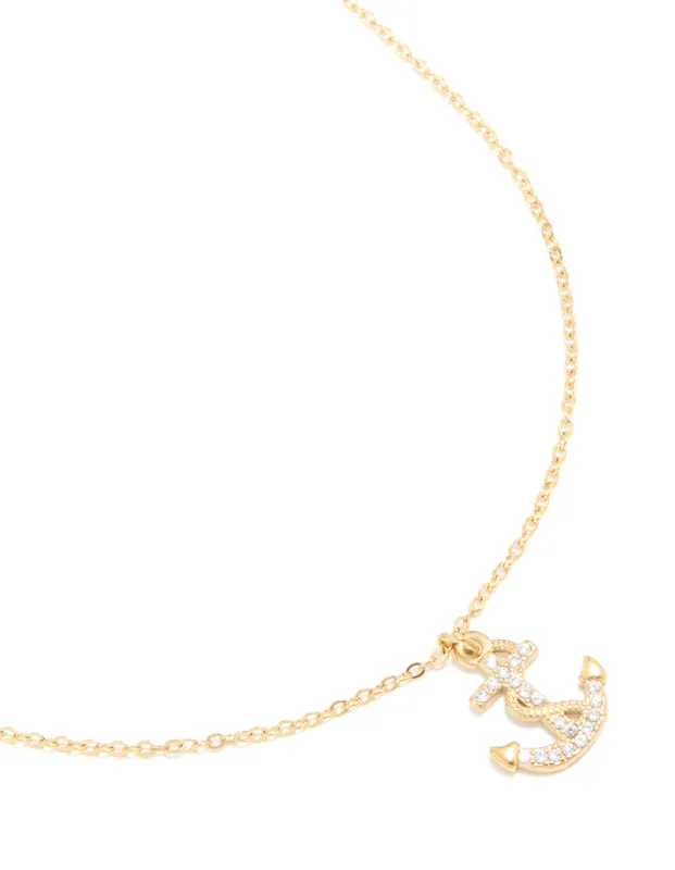 Waterproof Gold Plated Stainless Steel Cubic Zirconia Anchor Pendant Necklace made by lovisa